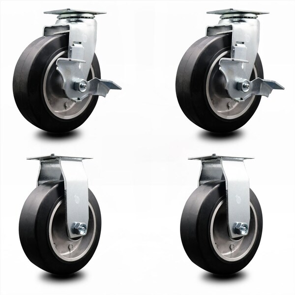 6 Inch Rubber on Aluminum Caster Set with Ball Bearings 2 Brakes 2 Rigid